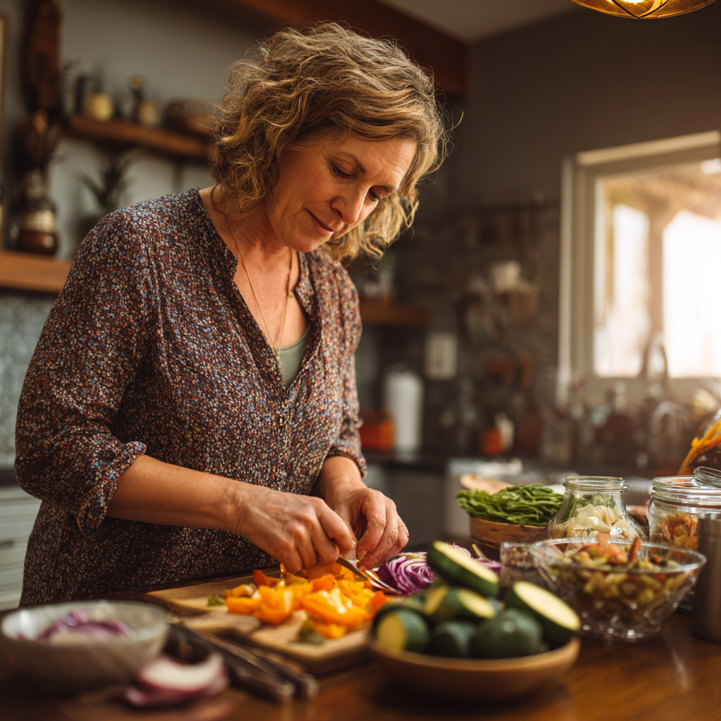 Peaceful daily meal preparation routine for middle-aged adults